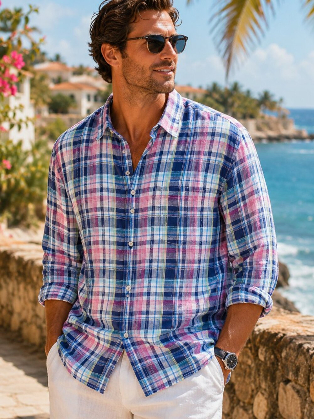 Tommy Bahama SZ L 100% Linen Romario Plaid Shirt Bering Blue $118